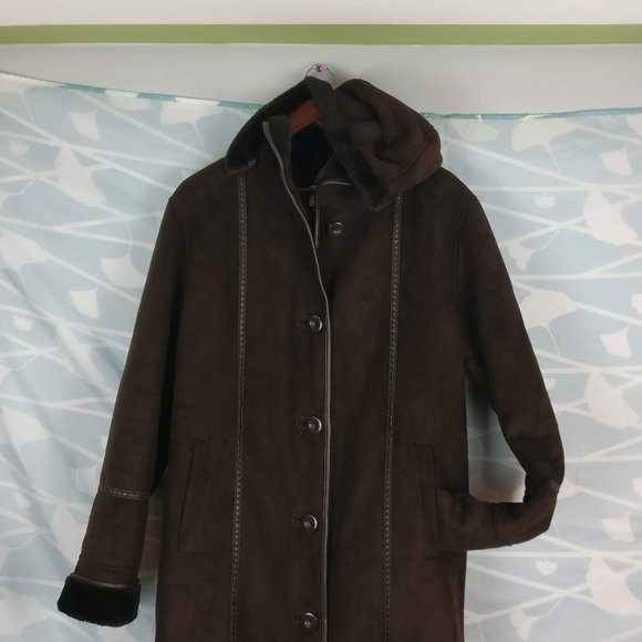 Hooded Natural Suede Full Long Coat with pleather trims and pockets, Brown sz.14 - Picture 1 of 12